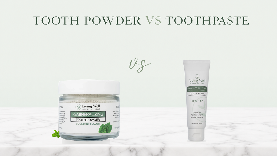 Living Well Remineralizing Tooth Powder jar beside the Remineralizing Toothpaste tube, tooth powder versus toothpaste comparison