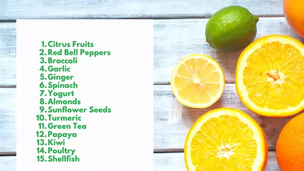 A spread of whole foods including citrus, peppers, broccoli, garlic, ginger and nuts