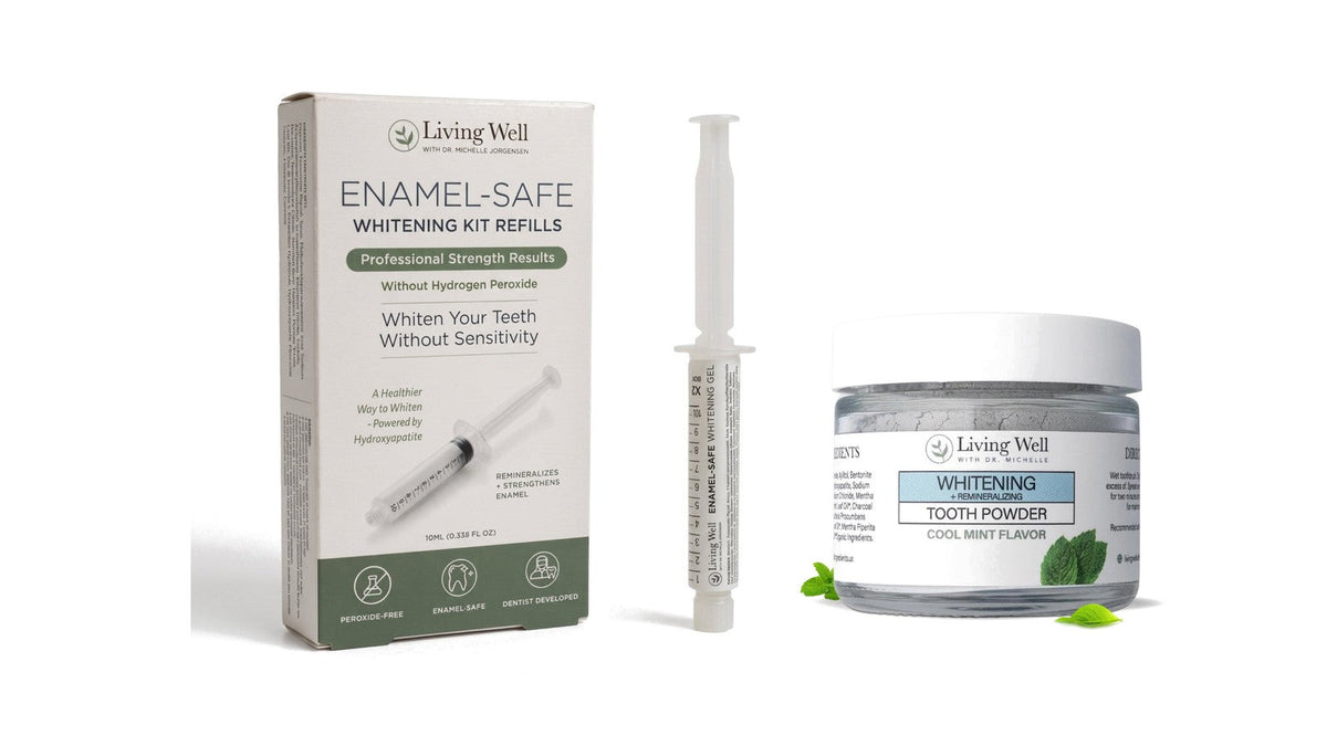 Enamel-Safe Whitening Gel Refill with its syringe, next to a jar of Whitening Tooth Powder