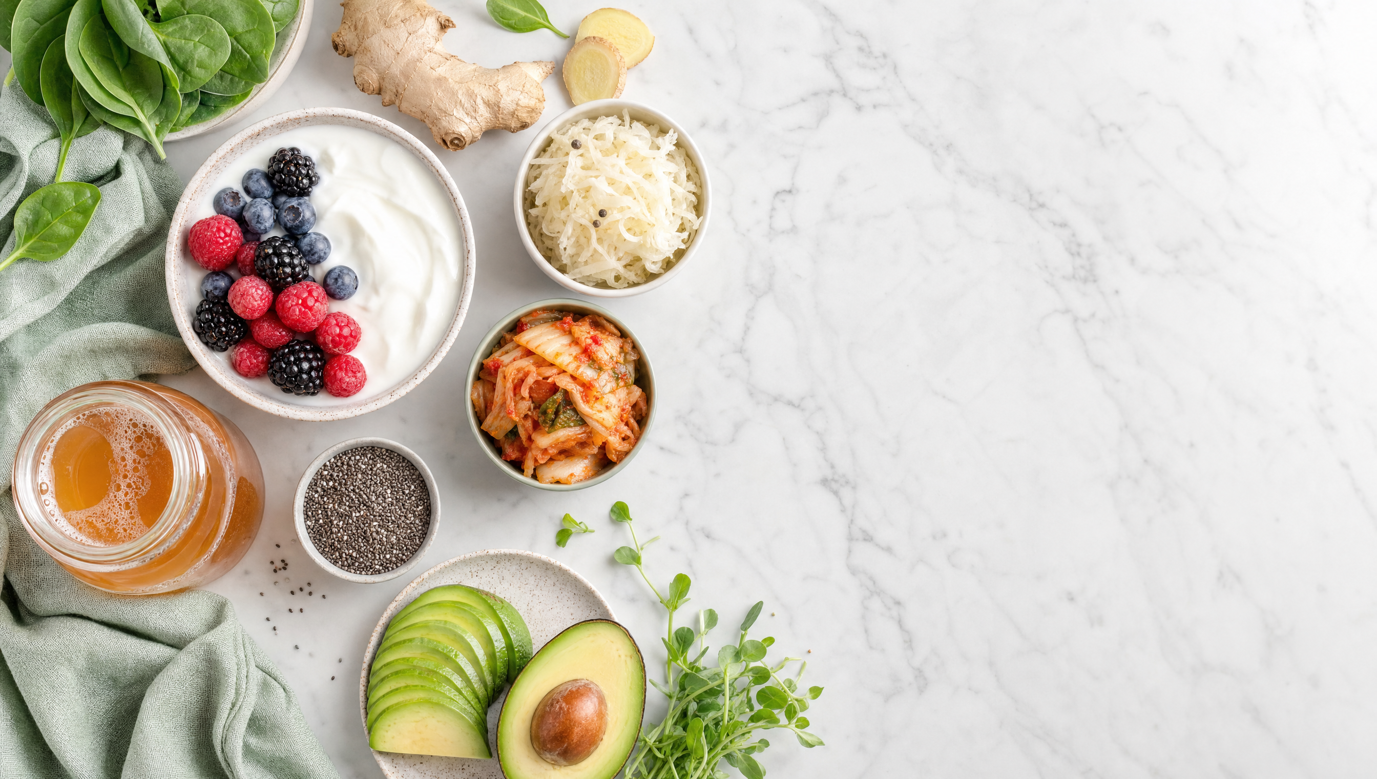 A bright flatlay of gut-healthy foods including yogurt, berries, sauerkraut, kimchi, ginger, and kombucha
