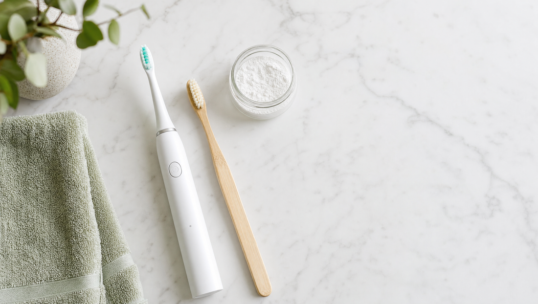 An electric toothbrush and a bamboo manual toothbrush beside a jar of tooth powder on a marble counter
