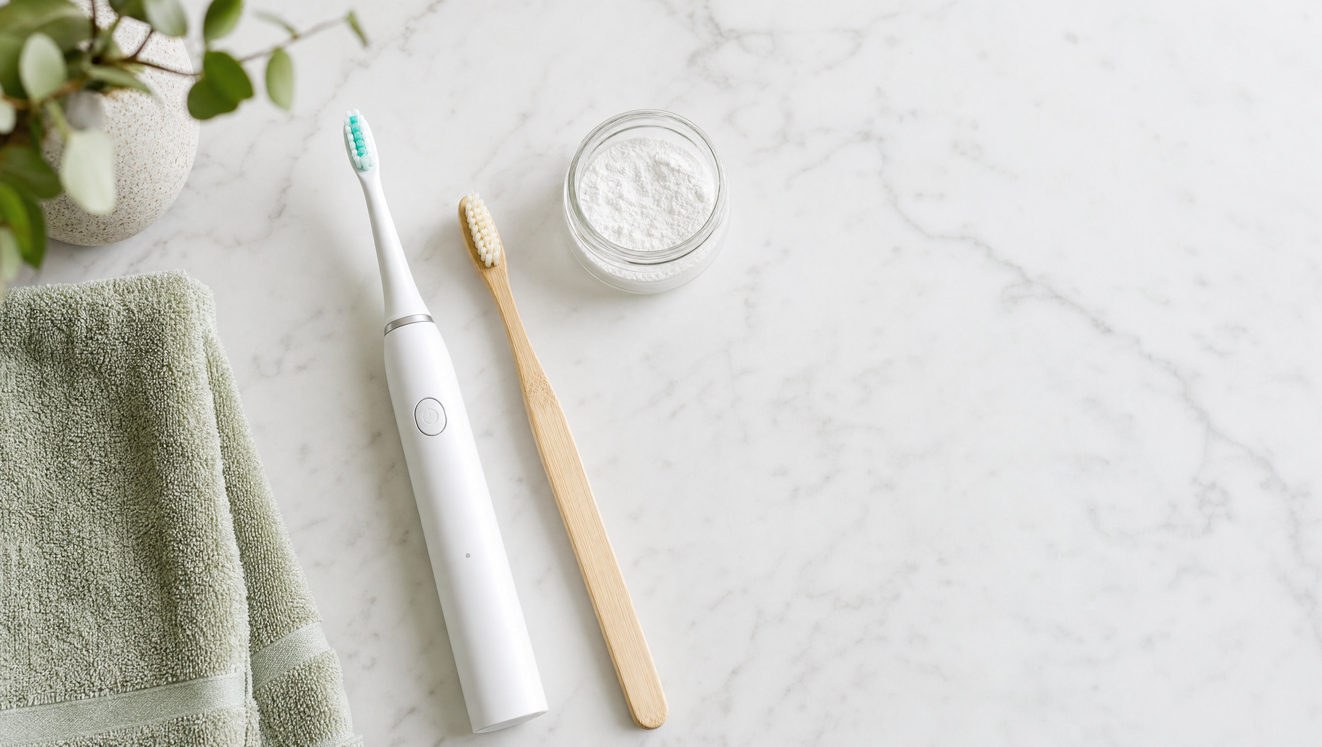 An electric toothbrush and a bamboo manual toothbrush beside a jar of tooth powder on a marble counter