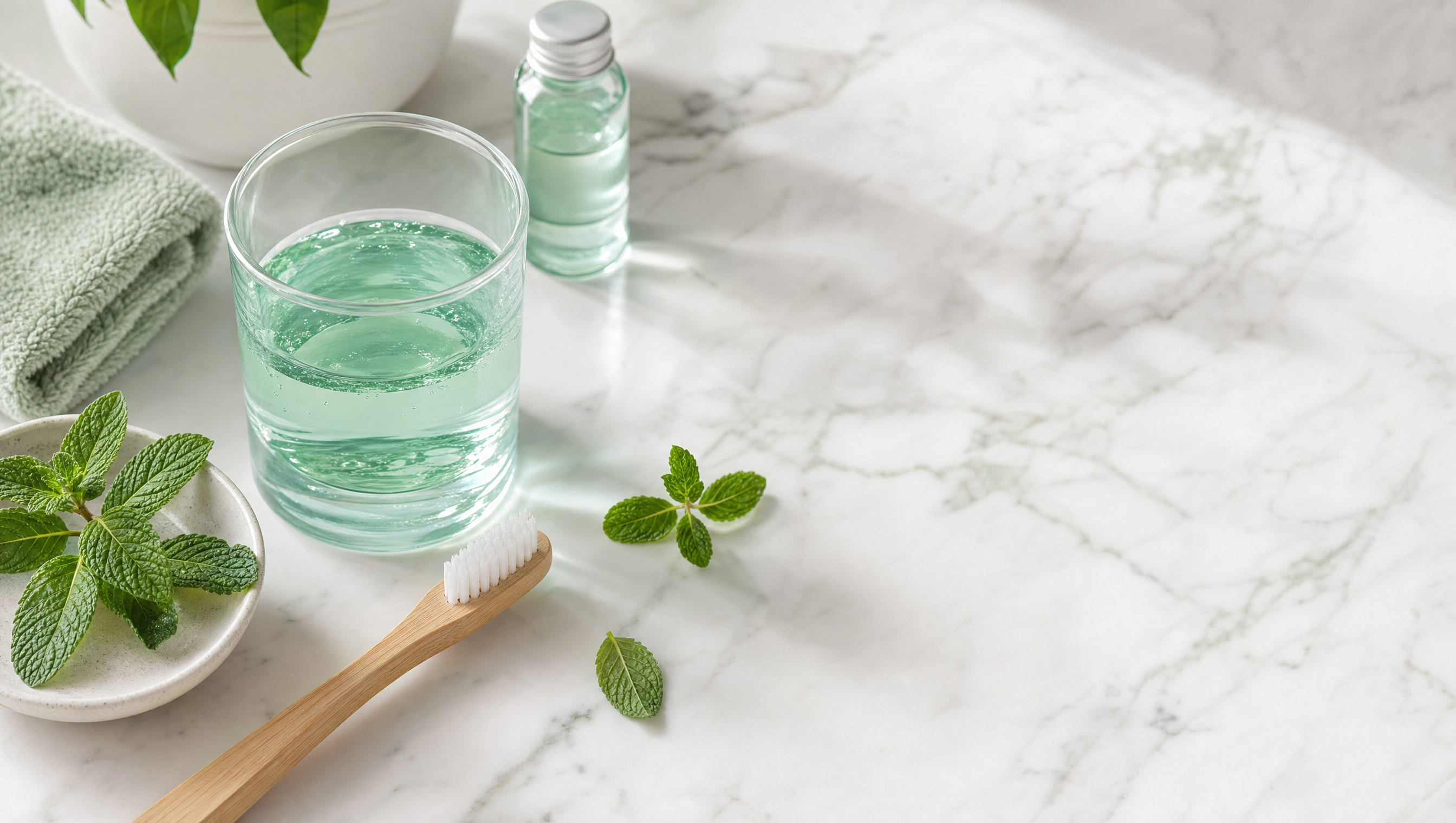 Alcohol-free mint mouthwash flatlay with fresh mint and a bamboo toothbrush