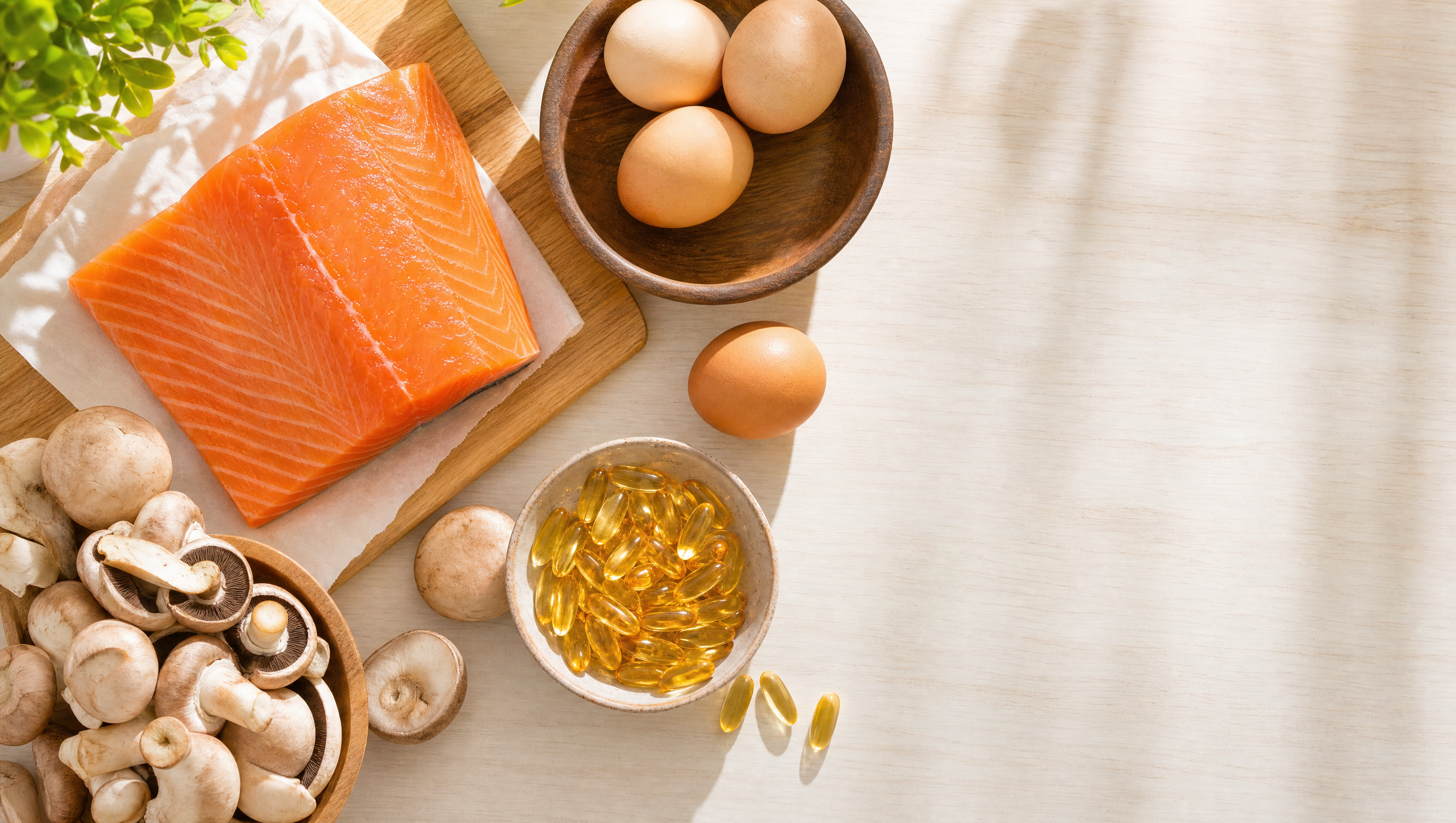 Vitamin D rich foods in warm sunlight: salmon, eggs, mushrooms, and supplements