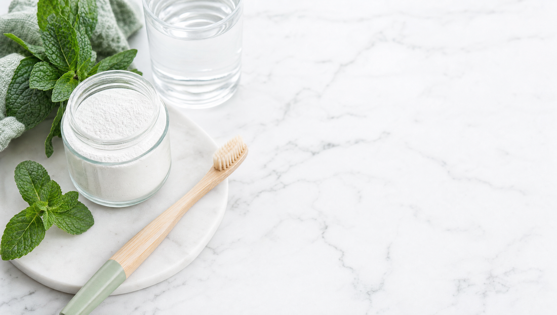 Clean flatlay of hydroxyapatite tooth powder, a soft toothbrush, mint, and a glass of water for sensitive teeth