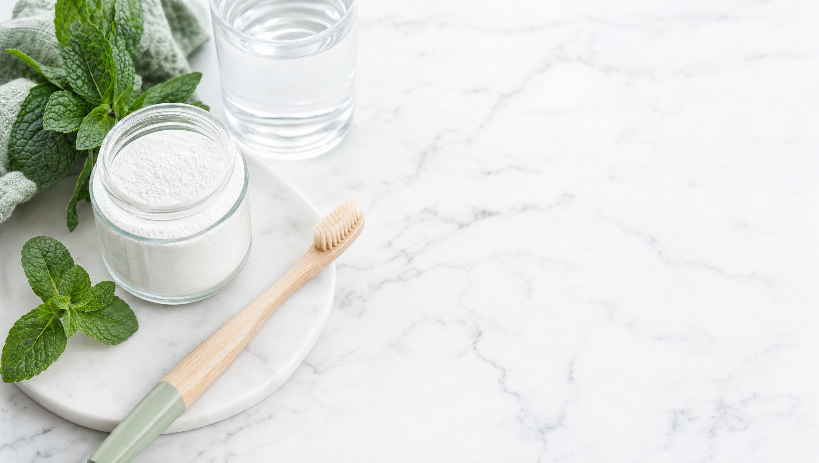 Clean flatlay of hydroxyapatite tooth powder, a soft toothbrush, mint, and a glass of water for sensitive teeth