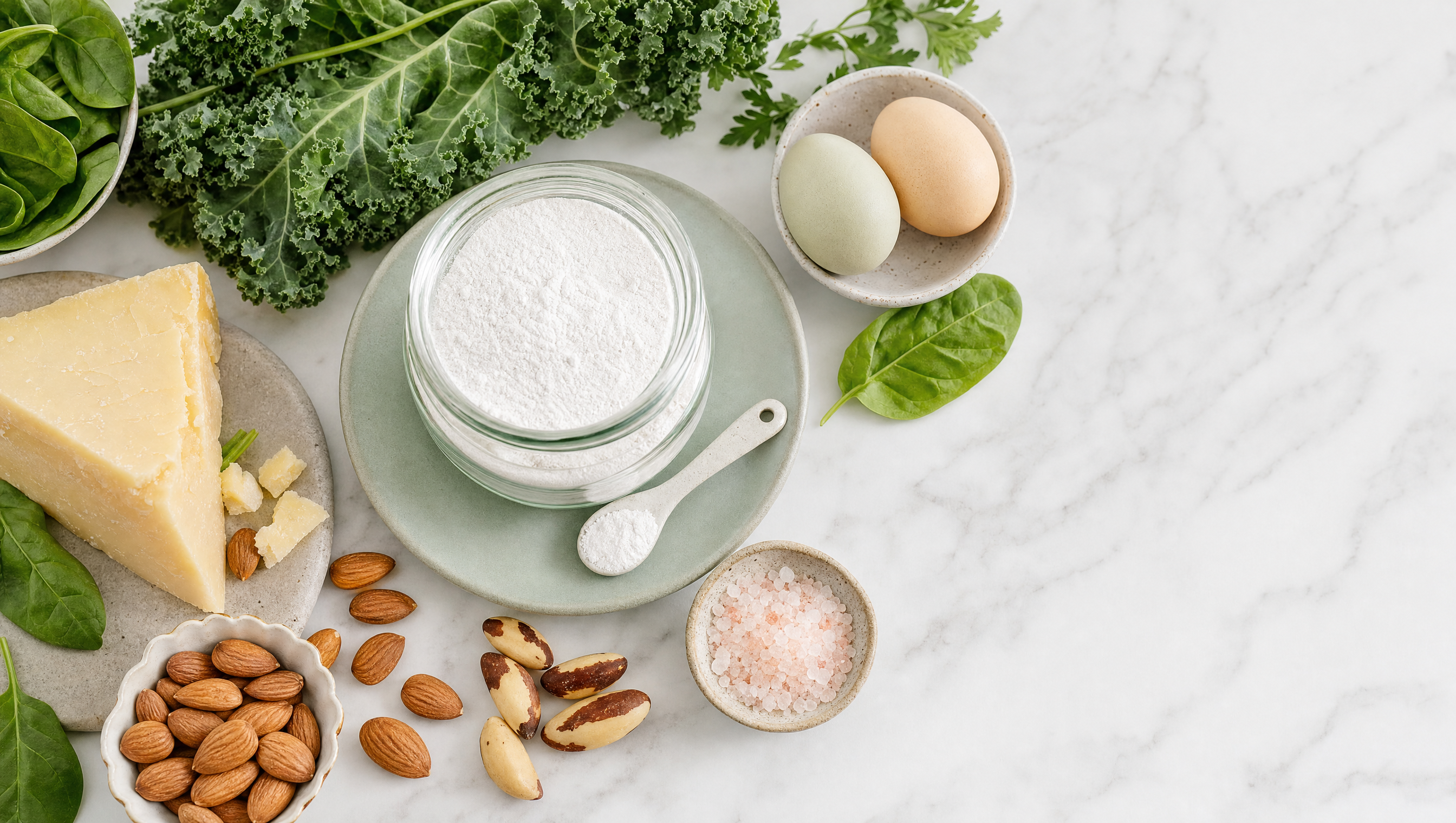 Tooth powder surrounded by enamel-supporting whole foods on white marble