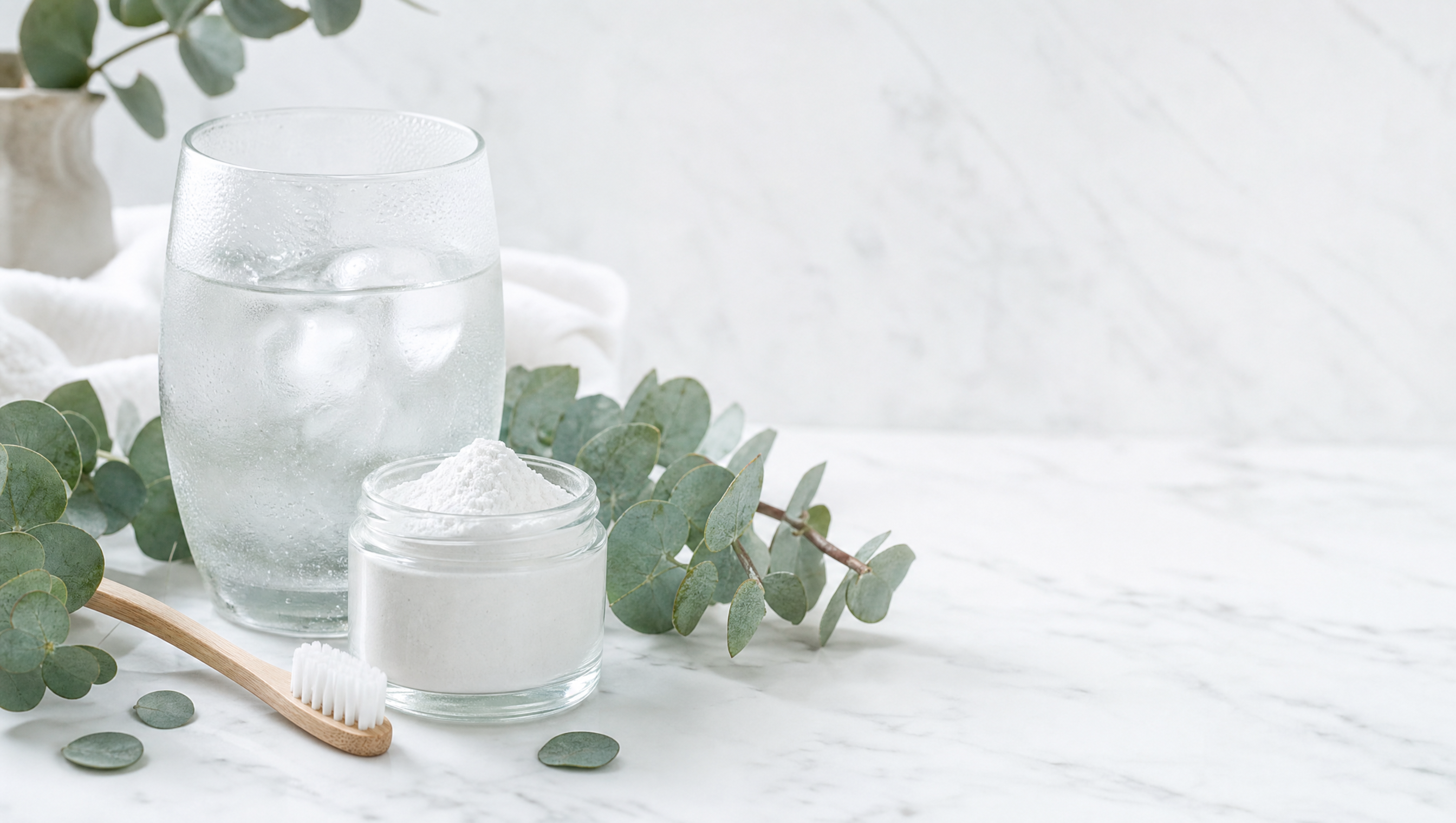 Spa still life with a frosty glass of ice water, a jar of white tooth powder, a soft toothbrush, and eucalyptus on white marble