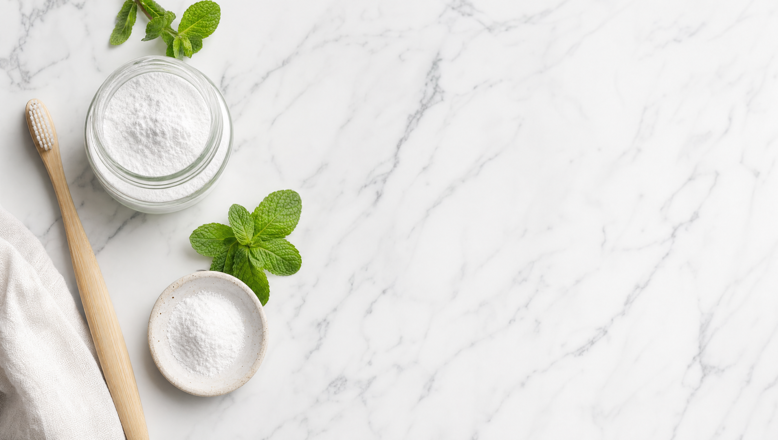 Bright flatlay of white tooth powder, a toothbrush and fresh mint on white marble