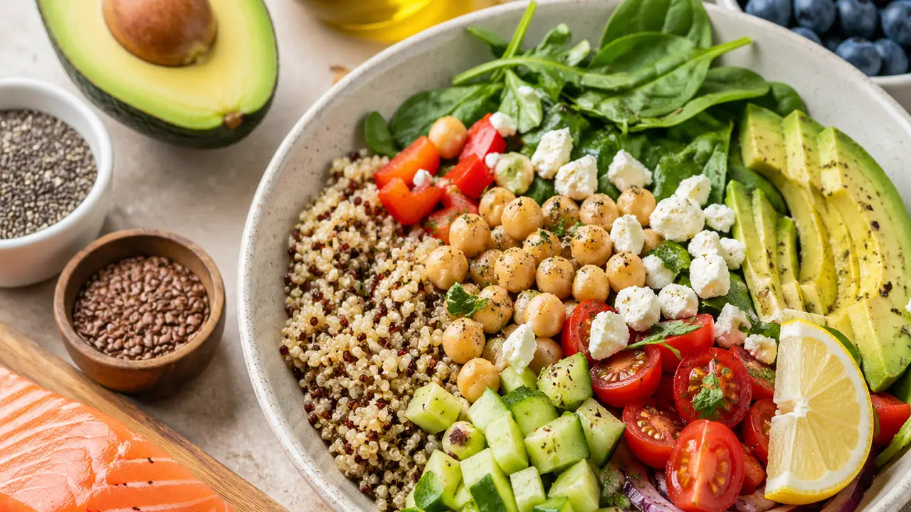 quinoa bowl or a spread of heart-healthy ingredients