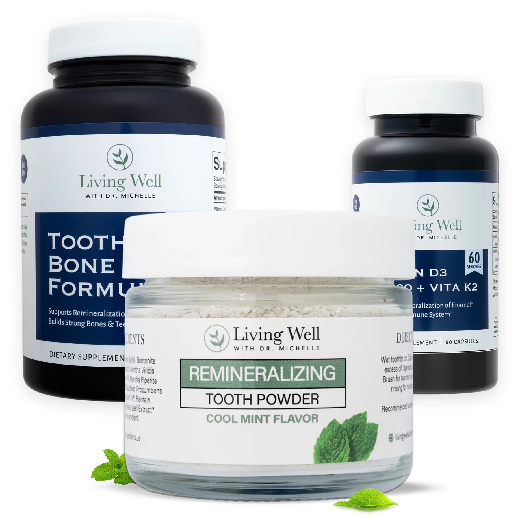 Living Well Classic Tooth Remineralization Kit with tooth powder and supplements