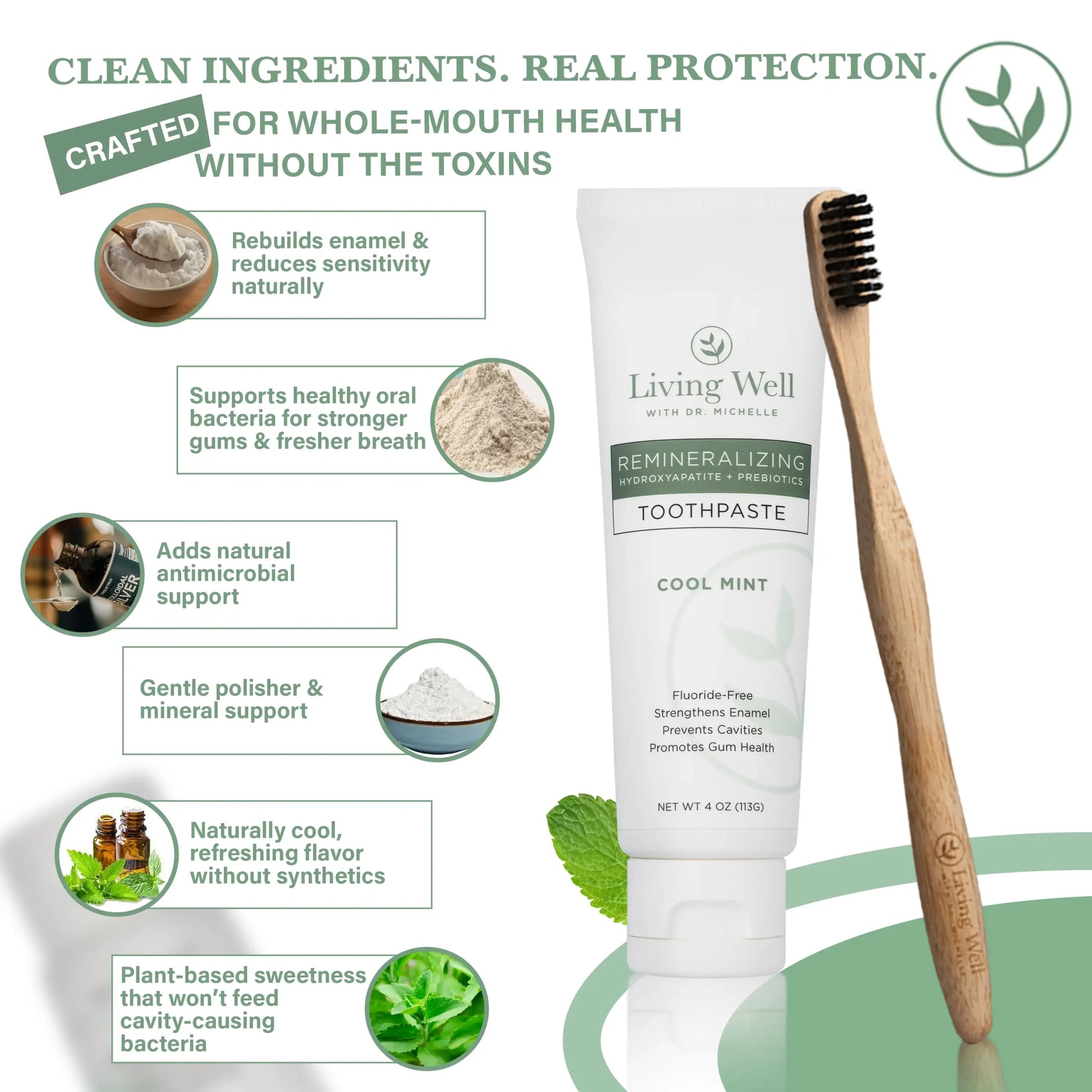 Fluoride-free remineralizing toothpaste with hydroxyapatite and prebiotics shown with bamboo toothbrush, highlighting clean ingredients, enamel repair, gum health, and oral microbiome support