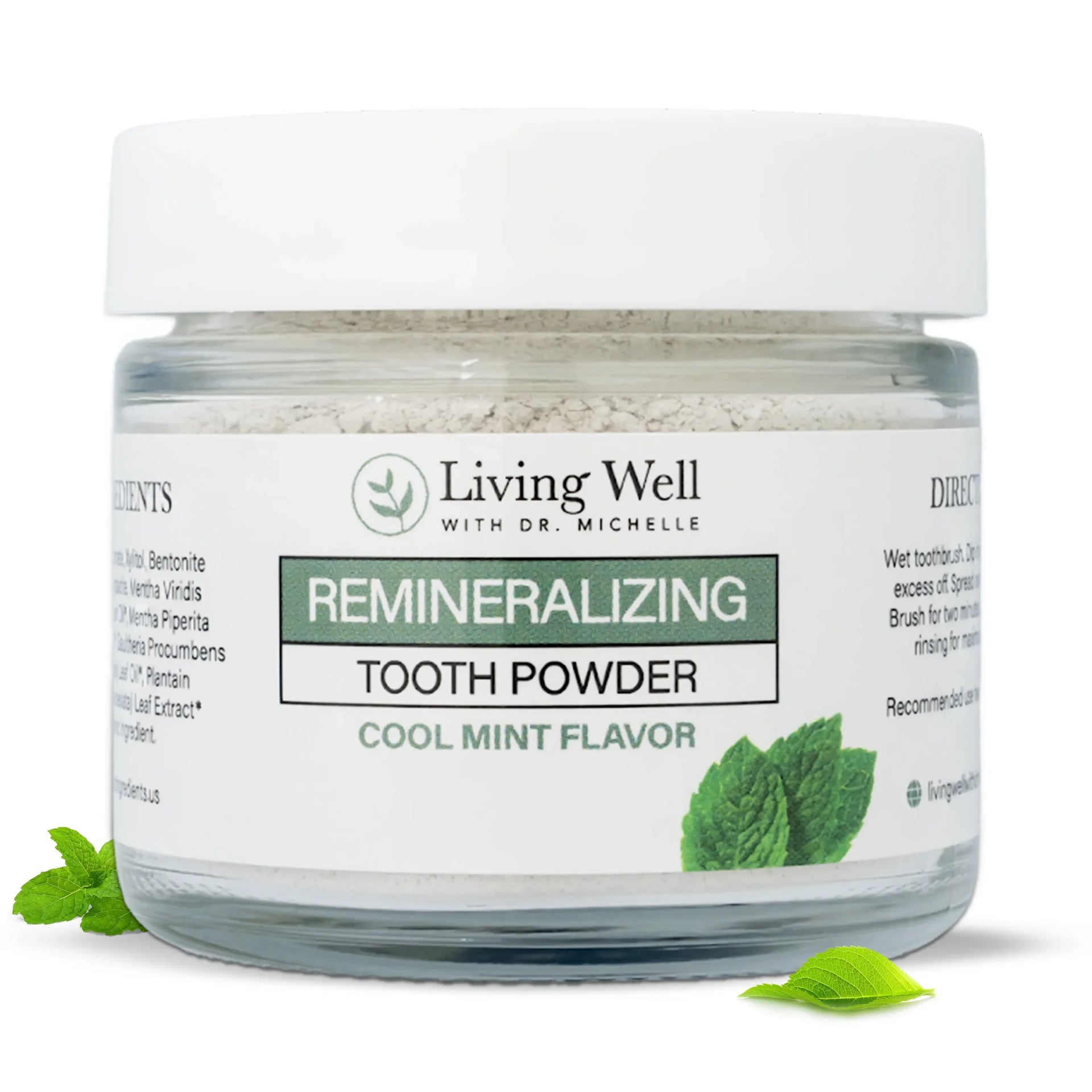 Remineralizing tooth powder with hydroxyapatite in glass jar – cool mint flavor