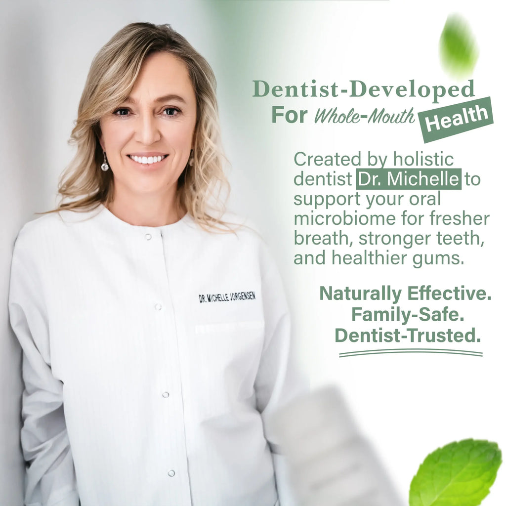 Portrait of Dr. Michelle Jorgensen, holistic dentist and creator of a fluoride-free remineralizing toothpaste designed to support enamel strength, oral microbiome balance, and healthy gums