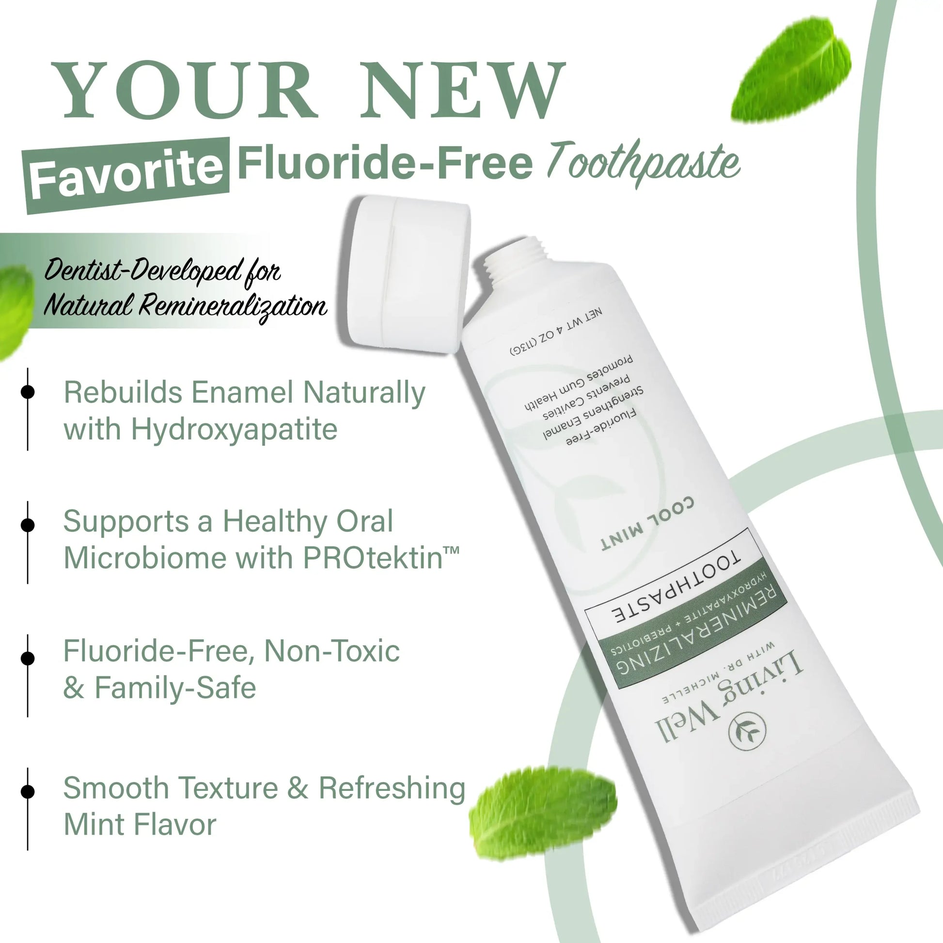 Fluoride-free remineralizing toothpaste with hydroxyapatite that rebuilds enamel, supports oral microbiome, and refreshes with mint flavor