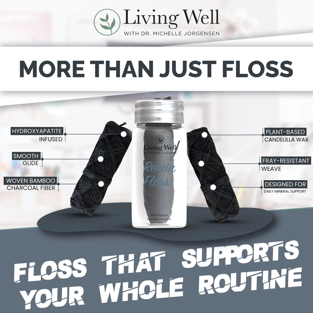 Remin Floss ingredient callout — hydroxyapatite-infused bamboo charcoal fiber with plant-based candelilla wax, fray-resistant weave