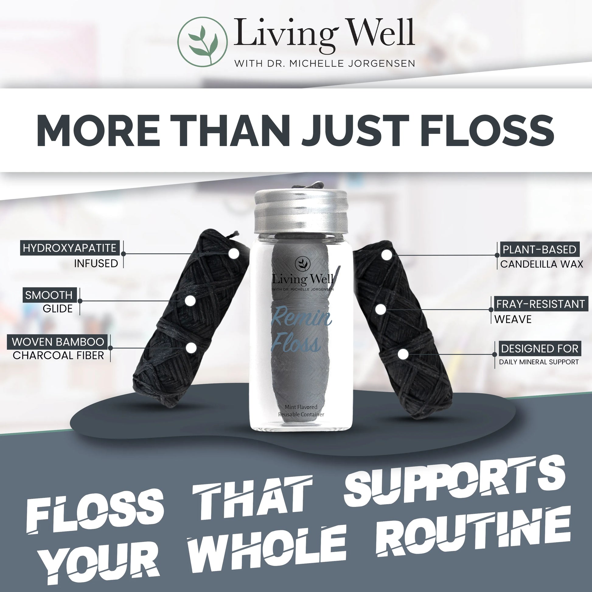 Remin Floss ingredient callout — hydroxyapatite-infused bamboo charcoal fiber with plant-based candelilla wax, fray-resistant weave