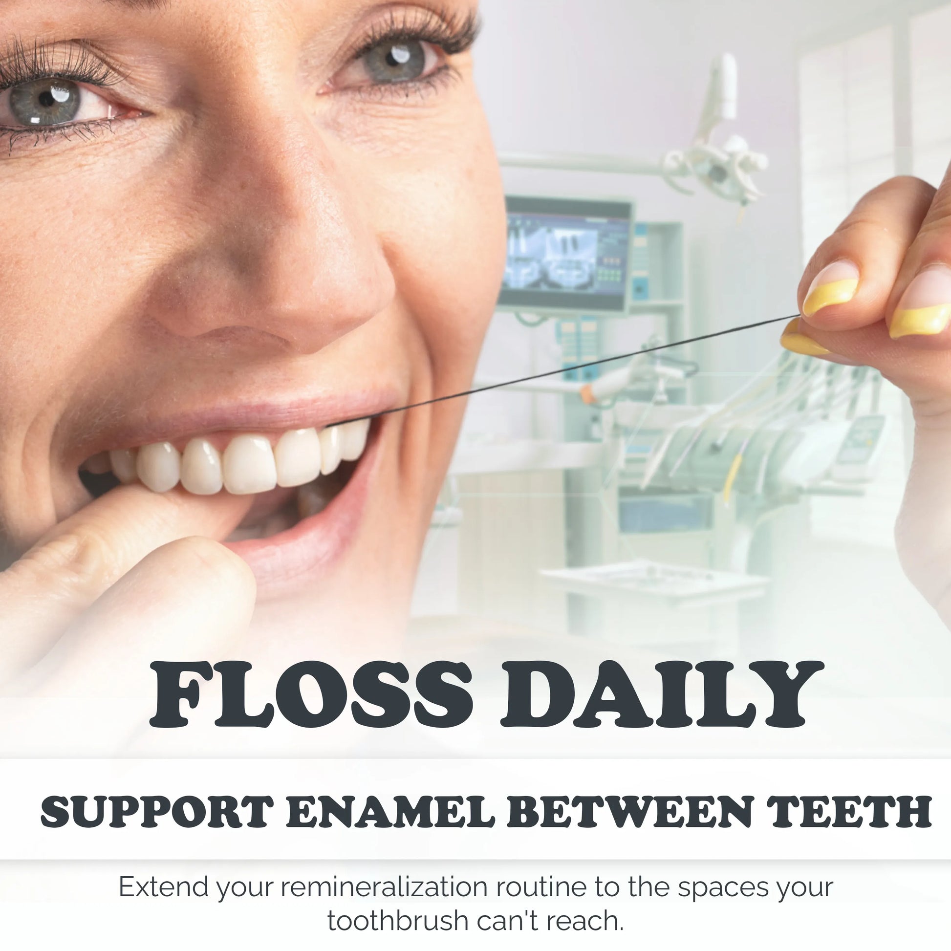 Woman flossing daily with Remin Floss to support enamel remineralization between teeth