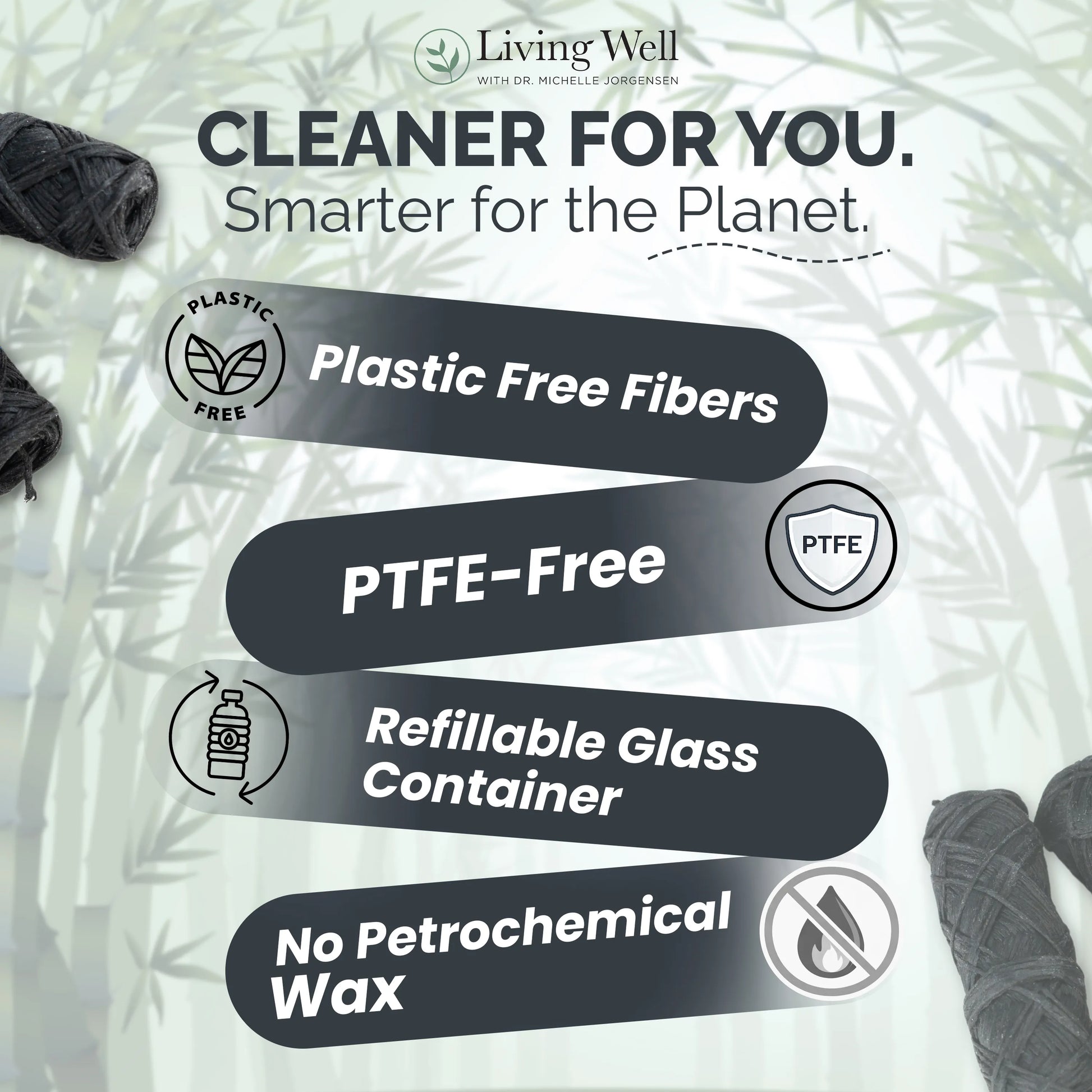 Remin Floss eco-friendly design — plastic-free fibers, PTFE-free, refillable glass container, no petrochemical wax