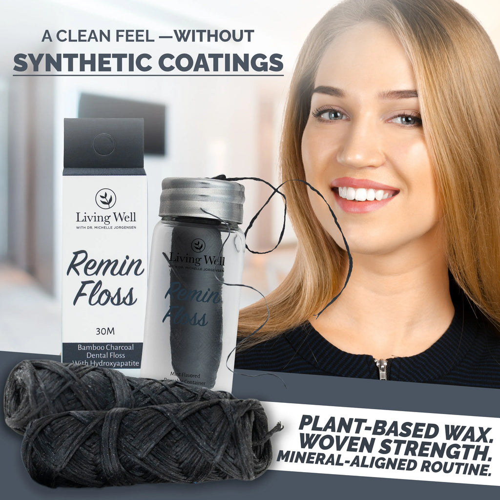 Remin Floss lifestyle — clean feel without synthetic coatings, plant-based wax and woven bamboo charcoal floss