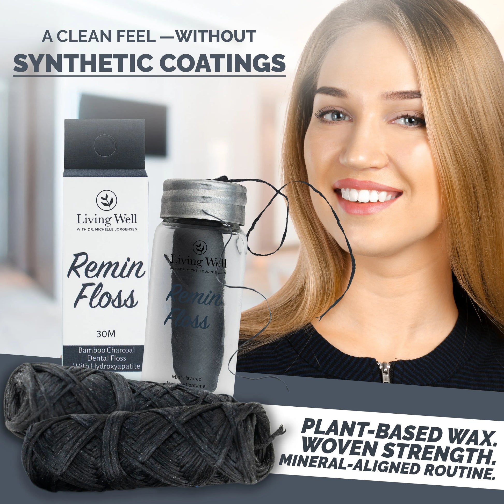 Remin Floss lifestyle — clean feel without synthetic coatings, plant-based wax and woven bamboo charcoal floss