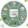 Infographic showing ingredients in remineralizing tooth powder with hydroxyapatite, calcium carbonate, bentonite clay, xylitol, and essential oils