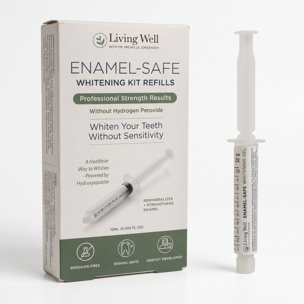 Enamel-Safe Whitening Gel Refill by Living Well with Dr. Michelle: peroxide-free whitening gel syringe with hydroxyapatite, shown with the refill box