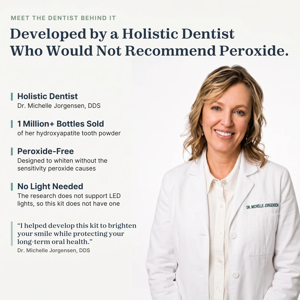 Meet the dentist behind it: Dr. Michelle Jorgensen, DDS, holistic dentist who developed the Enamel-Safe Whitening Kit and its custom-fit trays. 1 million+ bottles of her hydroxyapatite tooth powder sold.