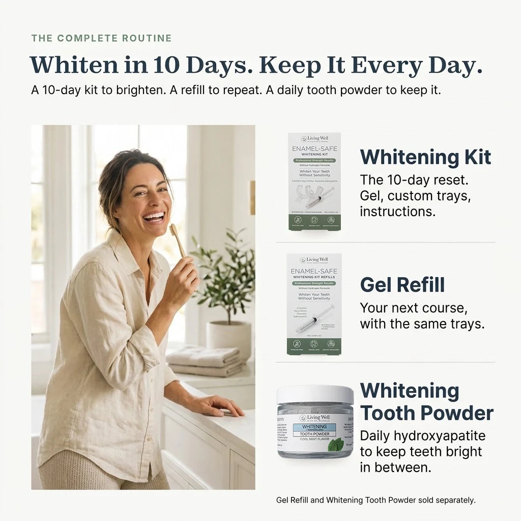 The complete routine: whiten in 10 days, keep it every day. Enamel-Safe Whitening Kit for the 10-day reset, Gel Refill for your next course with the same trays, and daily hydroxyapatite Whitening Tooth Powder to keep teeth bright in between. Gel Refill and Whitening Tooth Powder sold separately.