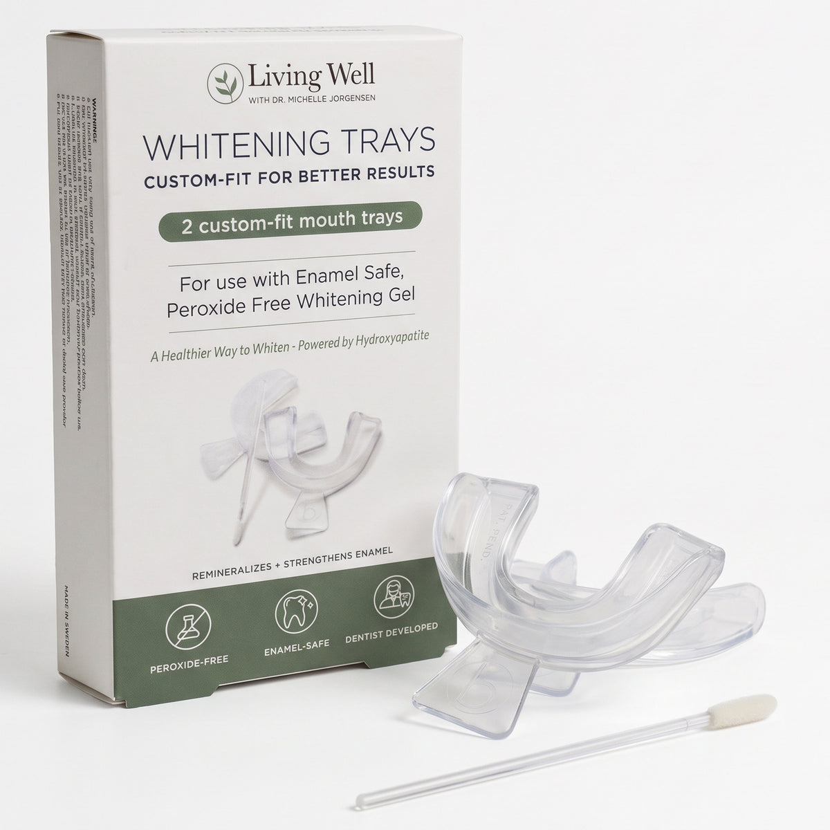 Whitening Tray Replacement Pack by Living Well with Dr. Michelle: two custom-fit moldable mouth trays and applicator, shown with the tray box