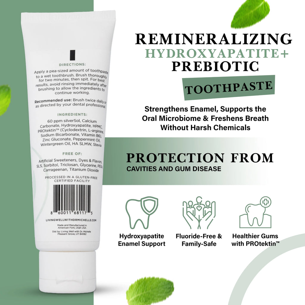 Remineralizing toothpaste with hydroxyapatite and prebiotics showing ingredient panel, fluoride-free formula, enamel support, and oral microbiome benefits