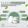 Clean ingredient infographic for remineralizing tooth powder highlighting fluoride-free, artificial additive–free formula