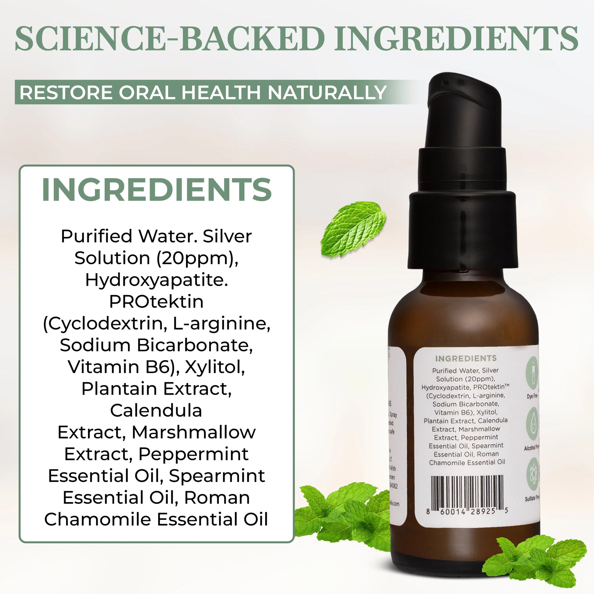 Dry mouth spray ingredients including hydroxyapatite, PROtektin prebiotic, and herbal extracts