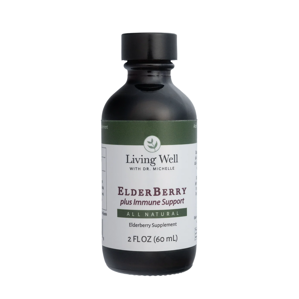 Bottle of Living Well Elderberry plus Immune Support supplement on a white background