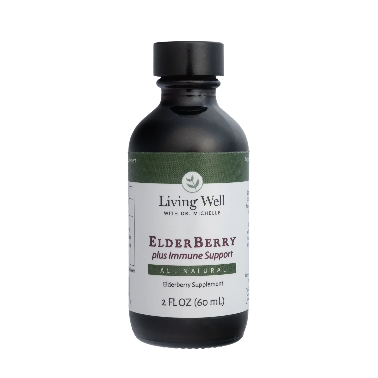 Bottle of Living Well Elderberry plus Immune Support supplement on a white background