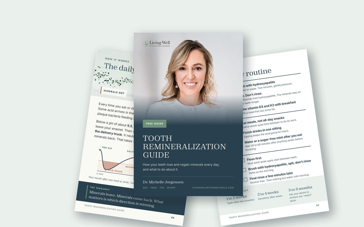 The free Tooth Remineralization Guide from Dr. Michelle Jorgensen, showing the cover and the daily routine checklist