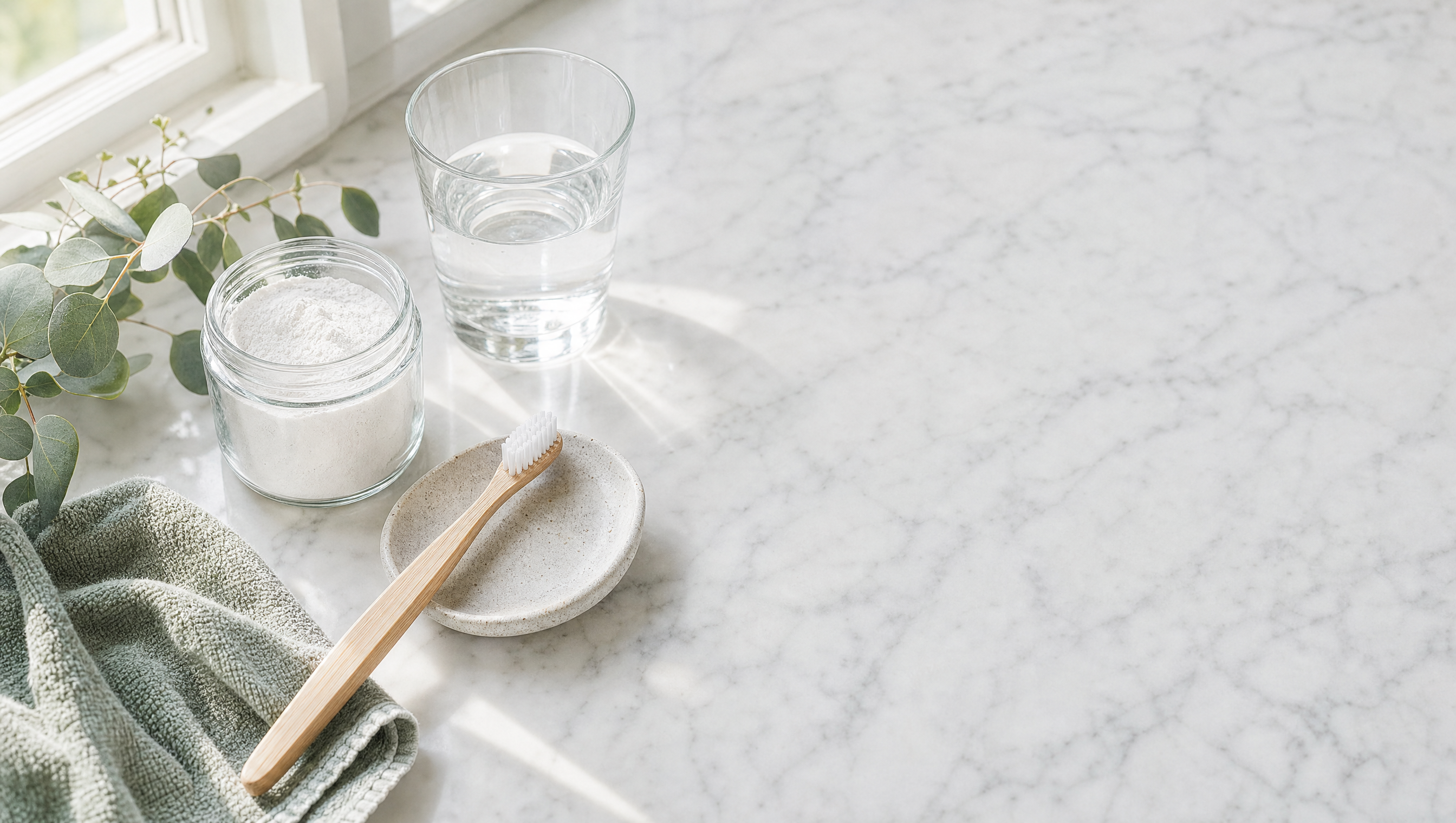 A bright morning bathroom counter with a jar of tooth powder, a bamboo toothbrush, and a glass of water