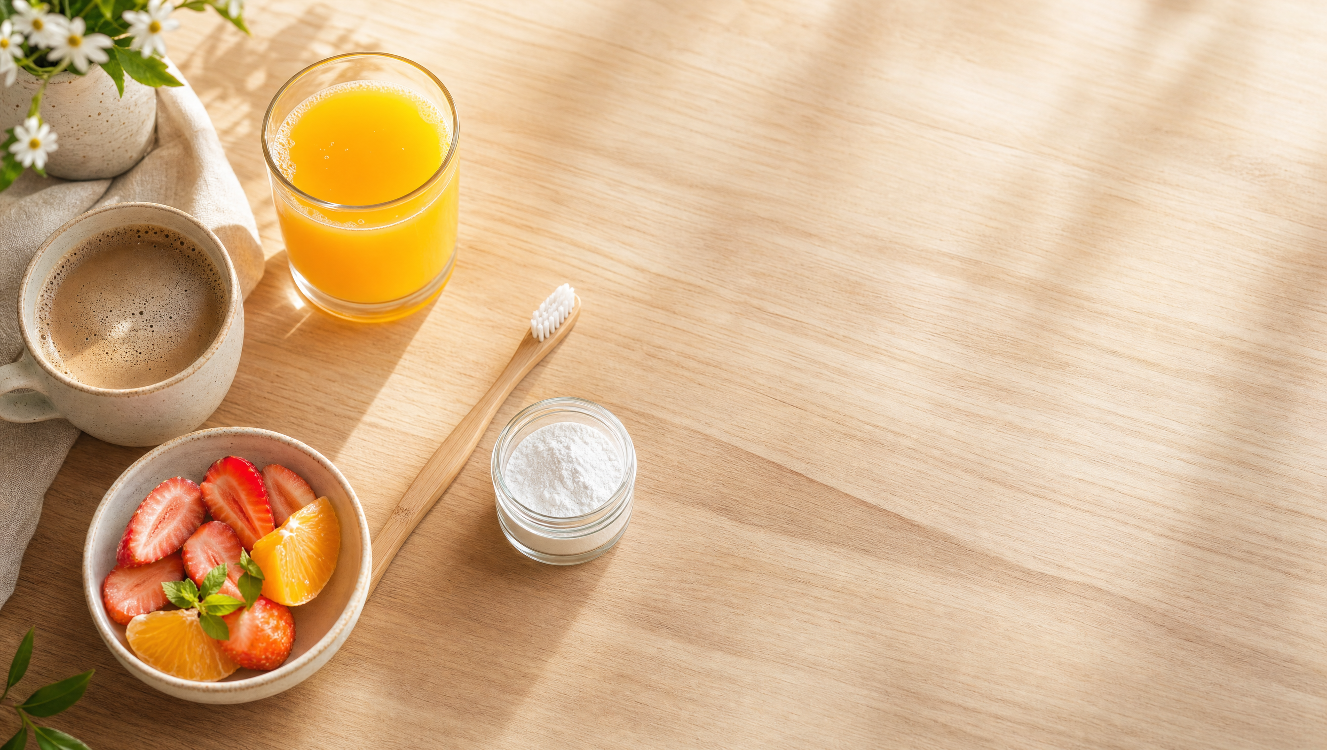 A breakfast of orange juice, coffee, and fruit beside a toothbrush and a jar of tooth powder