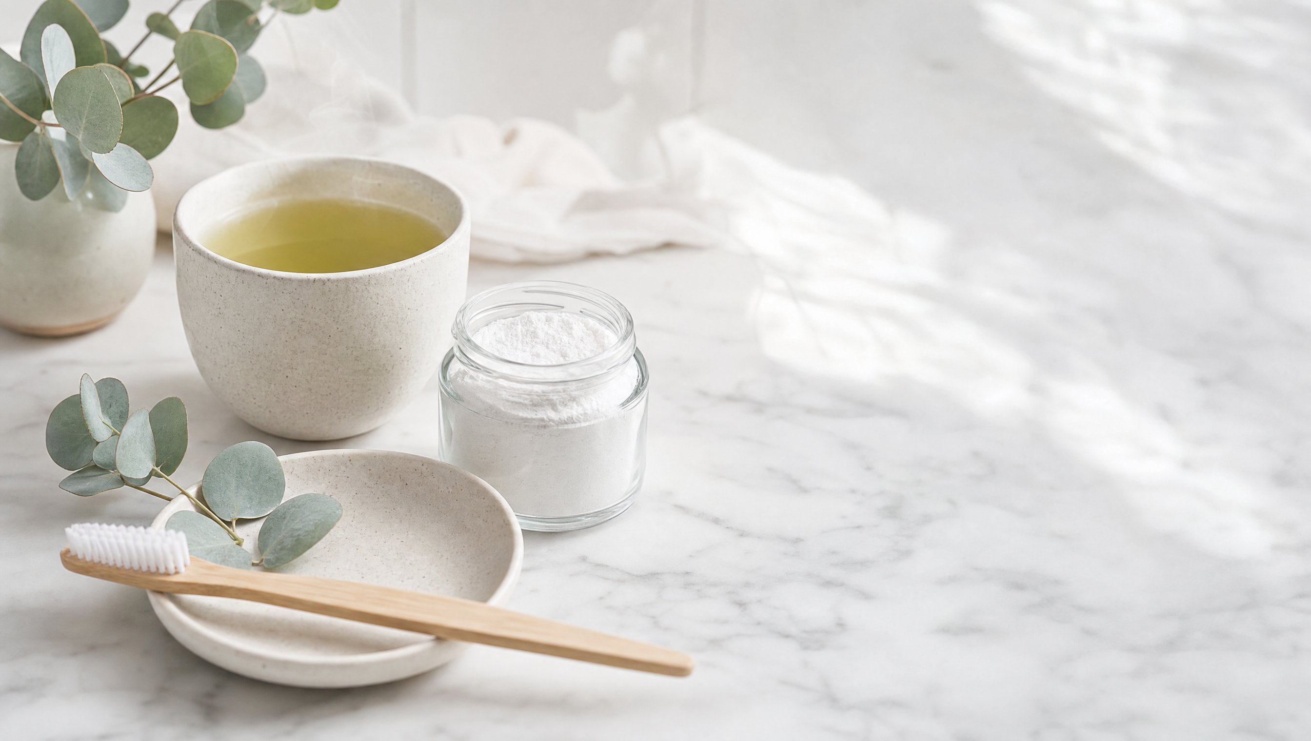 A calm still life with a cup of green tea, a jar of tooth powder, and a bamboo toothbrush on a marble counter