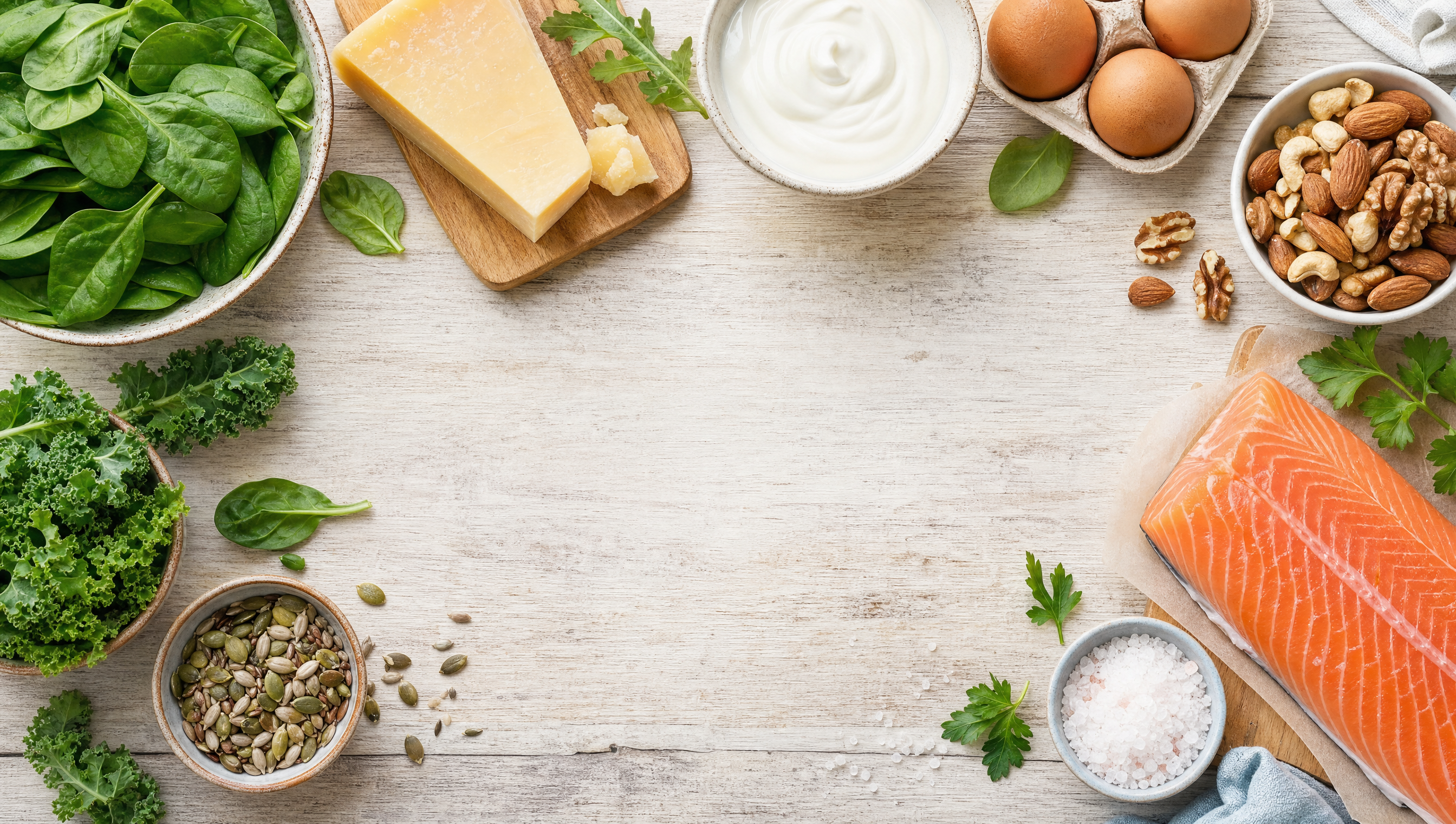 A flatlay of tooth-strengthening foods: leafy greens, cheese, yogurt, eggs, nuts, seeds, salmon, and mineral salt