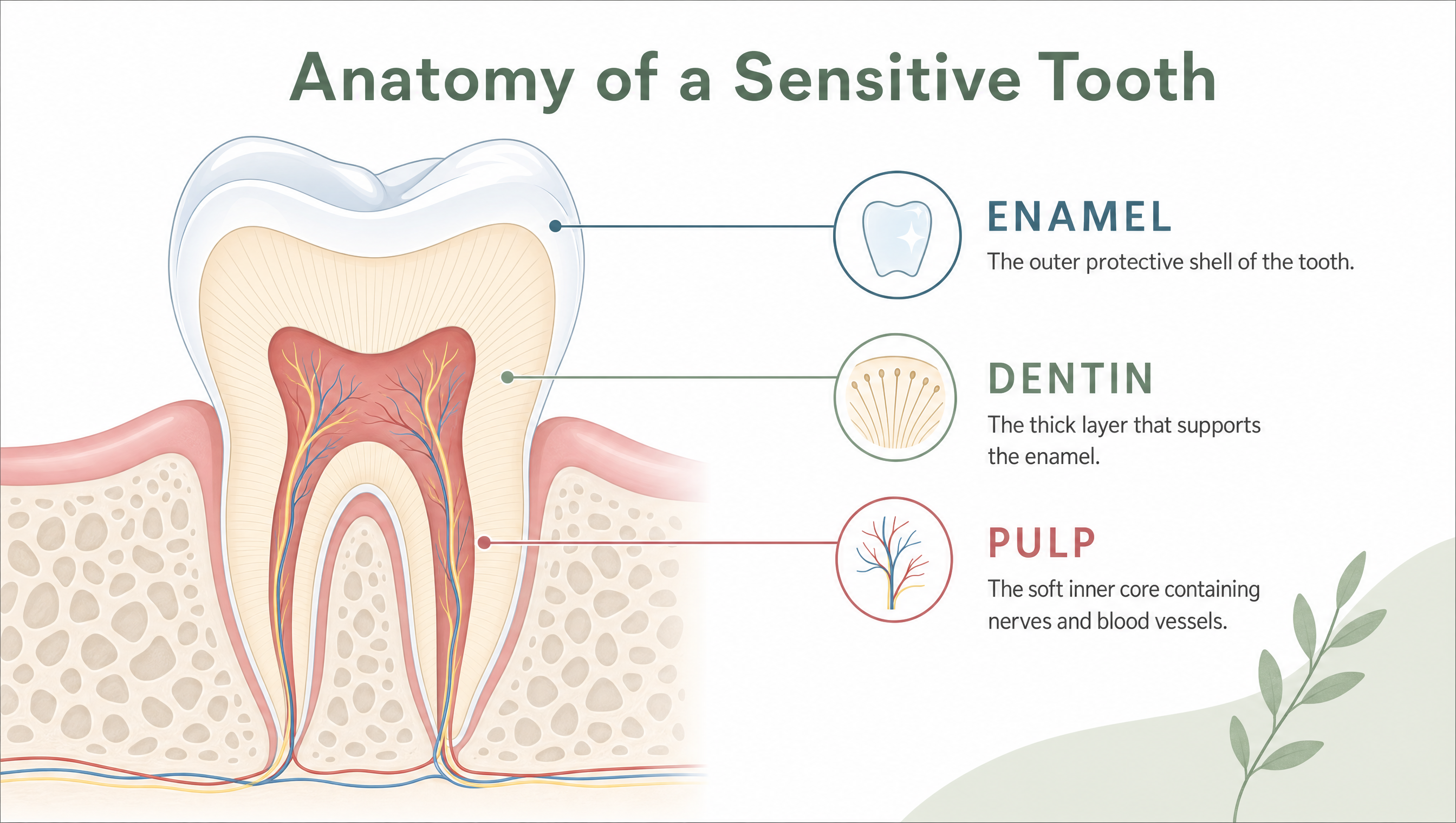 Anatomy of a sensitive tooth: a cross-section diagram labeling the enamel, dentin, and pulp layers