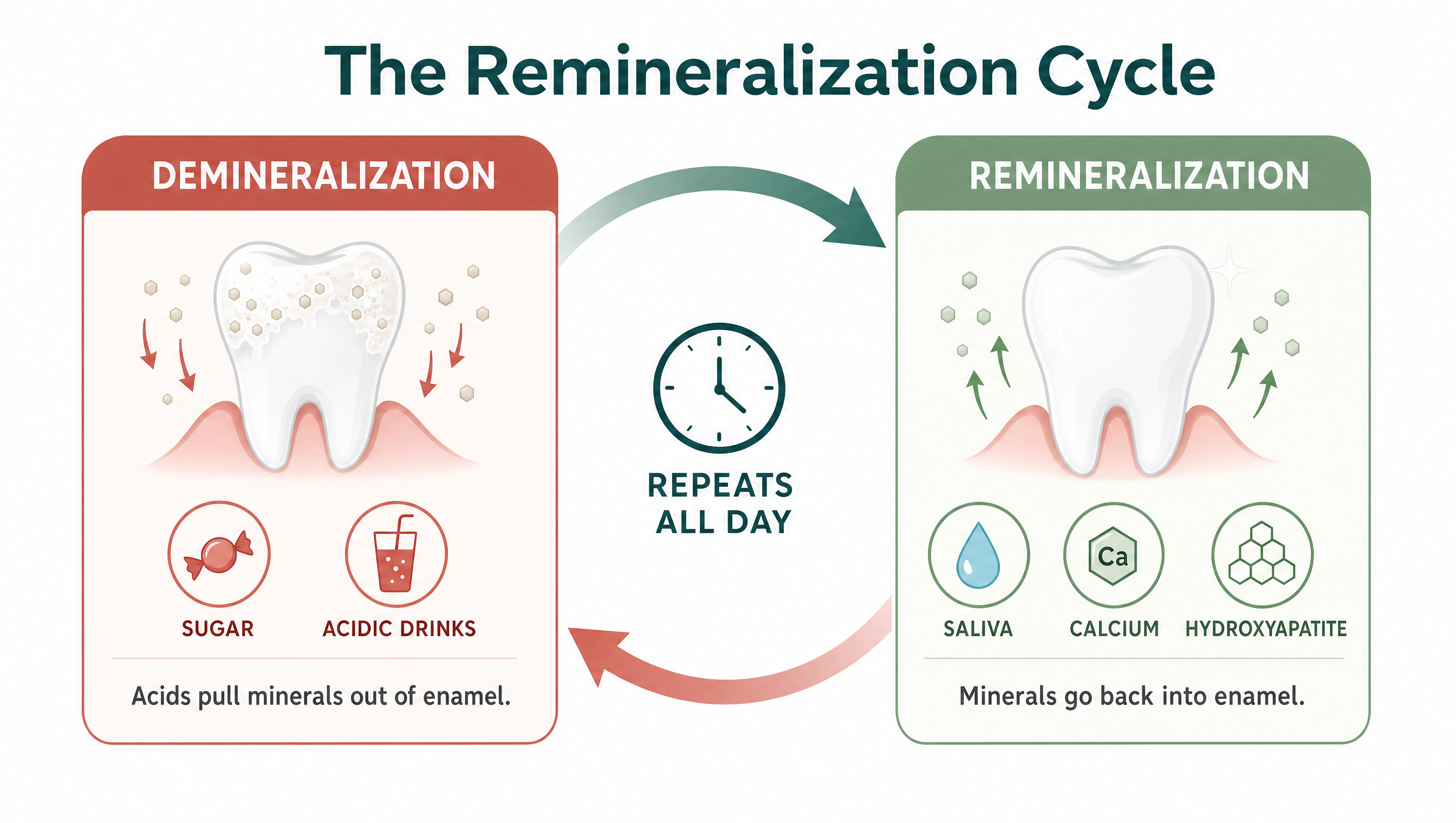 The remineralization cycle: acids pull minerals out of enamel during demineralization, and saliva, calcium, and hydroxyapatite put them back during remineralization