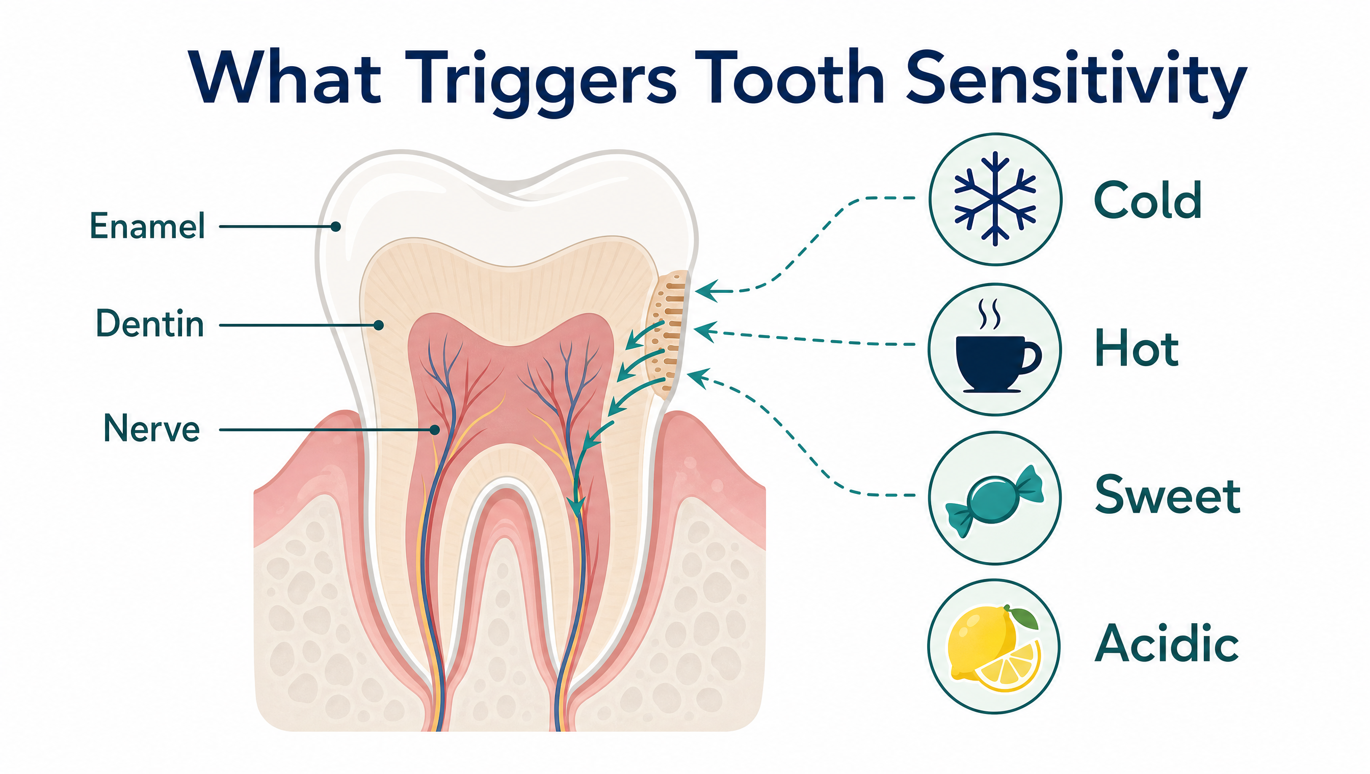 Diagram titled What Triggers Tooth Sensitivity showing a tooth cross-section with enamel, dentin, and nerve, and cold, hot, sweet, and acidic triggers reaching the exposed dentin