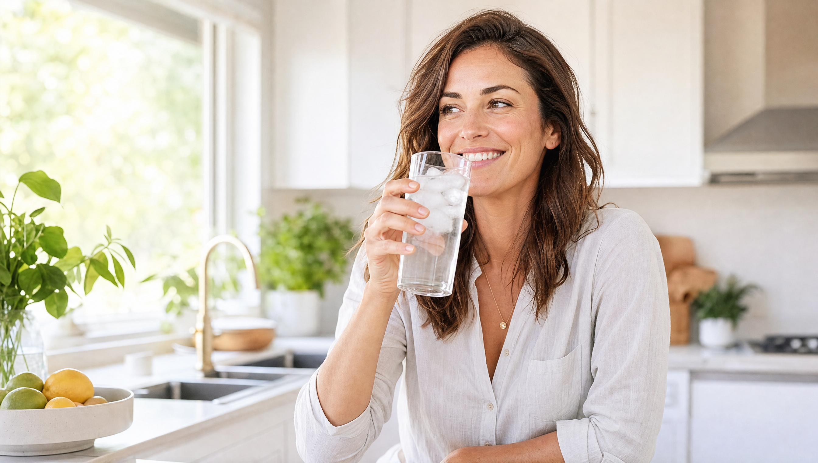 Woman comfortably drinking a glass of ice water in a sunlit kitchen