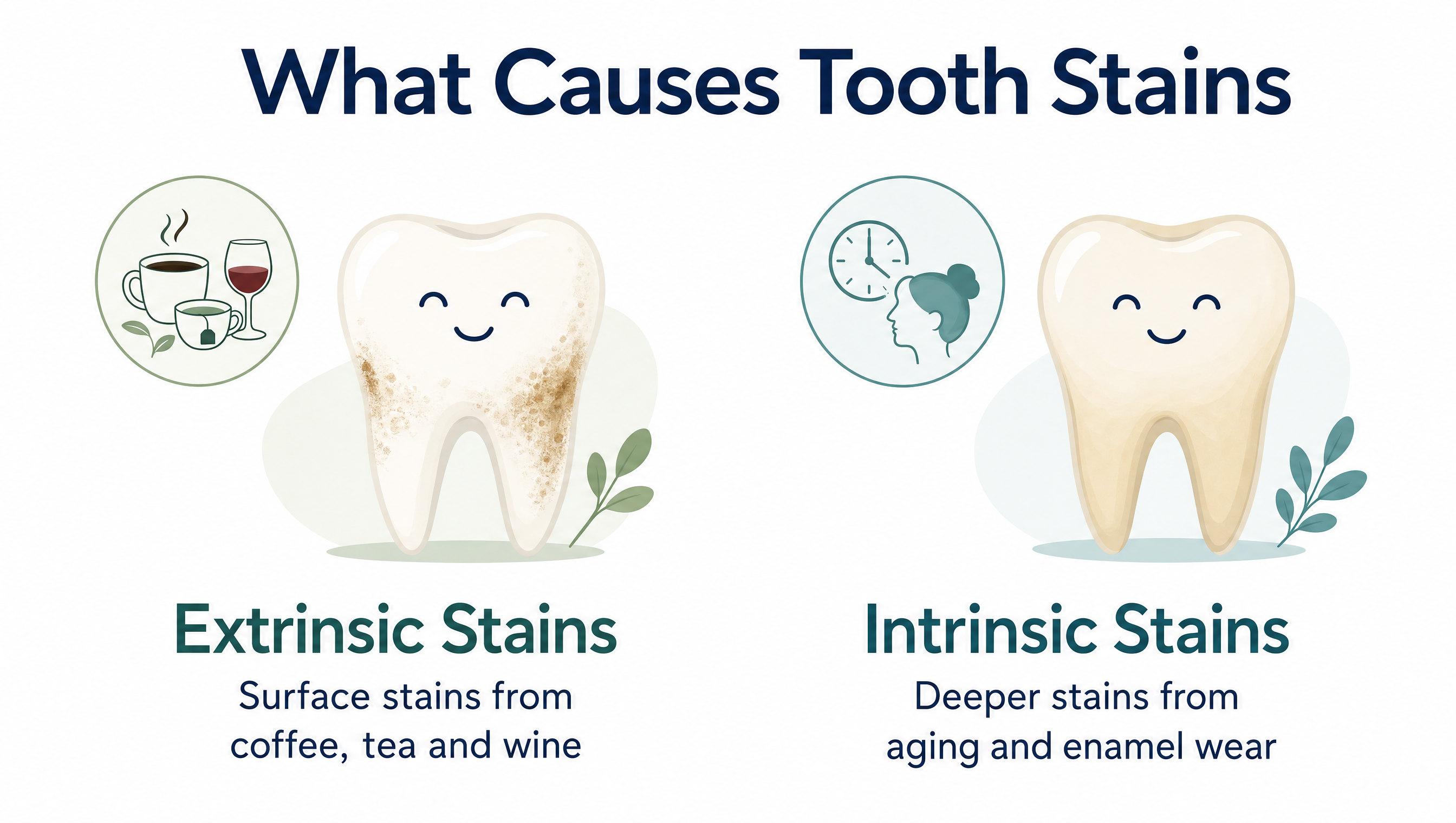 What causes tooth stains diagram showing extrinsic surface stains versus intrinsic deeper stains