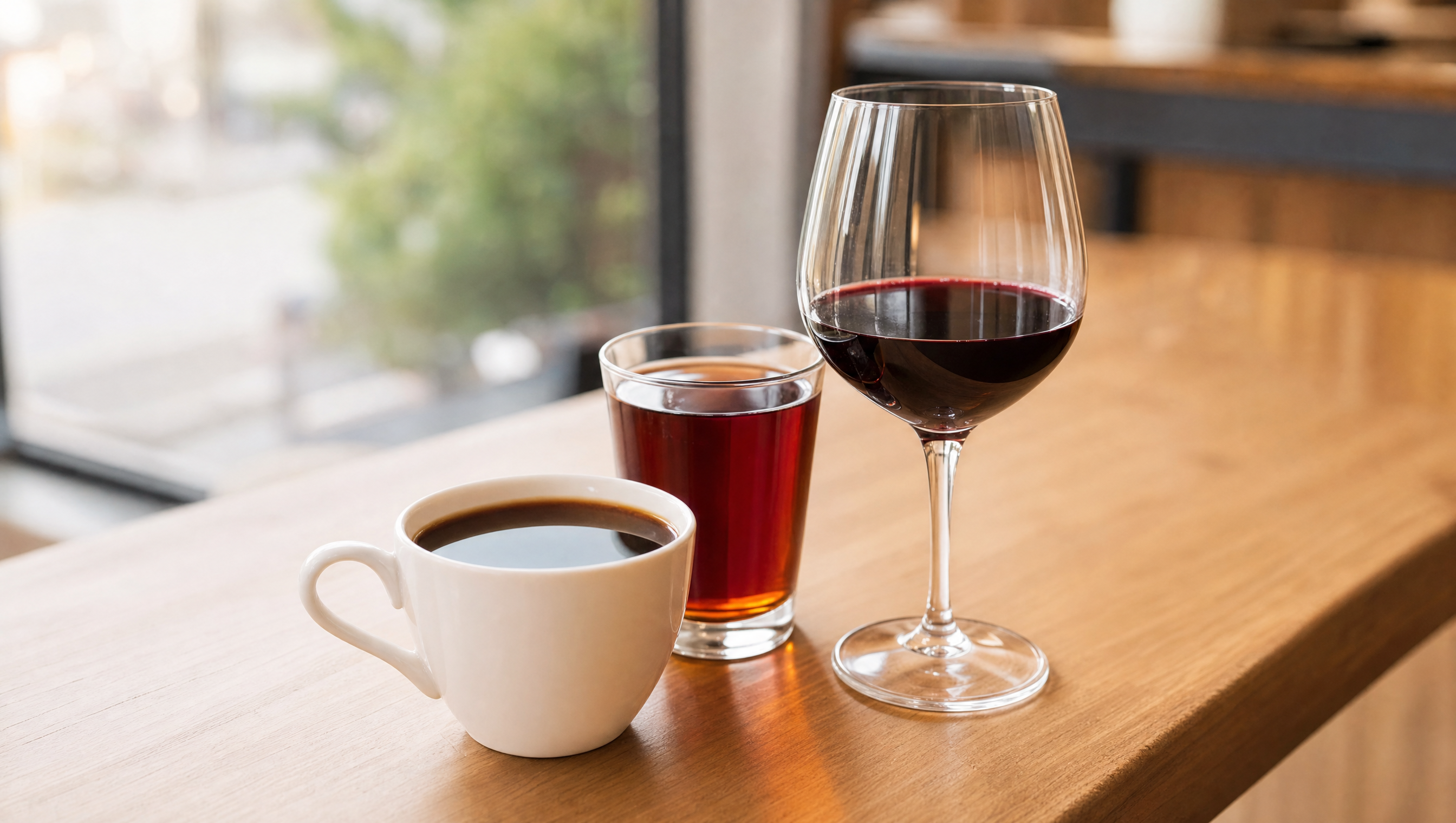 Coffee, tea and red wine on a counter, common causes of tooth stains