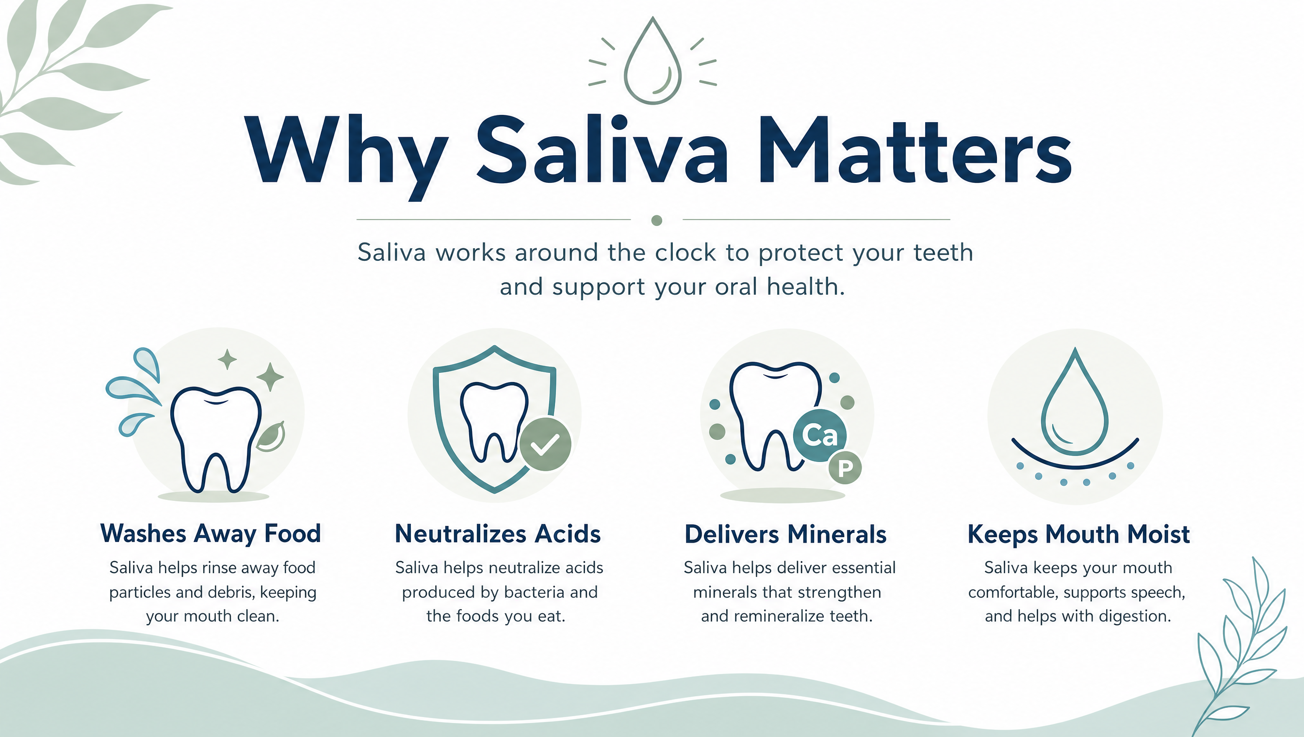 Why Saliva Matters diagram: washes away food, neutralizes acids, delivers minerals, keeps mouth moist