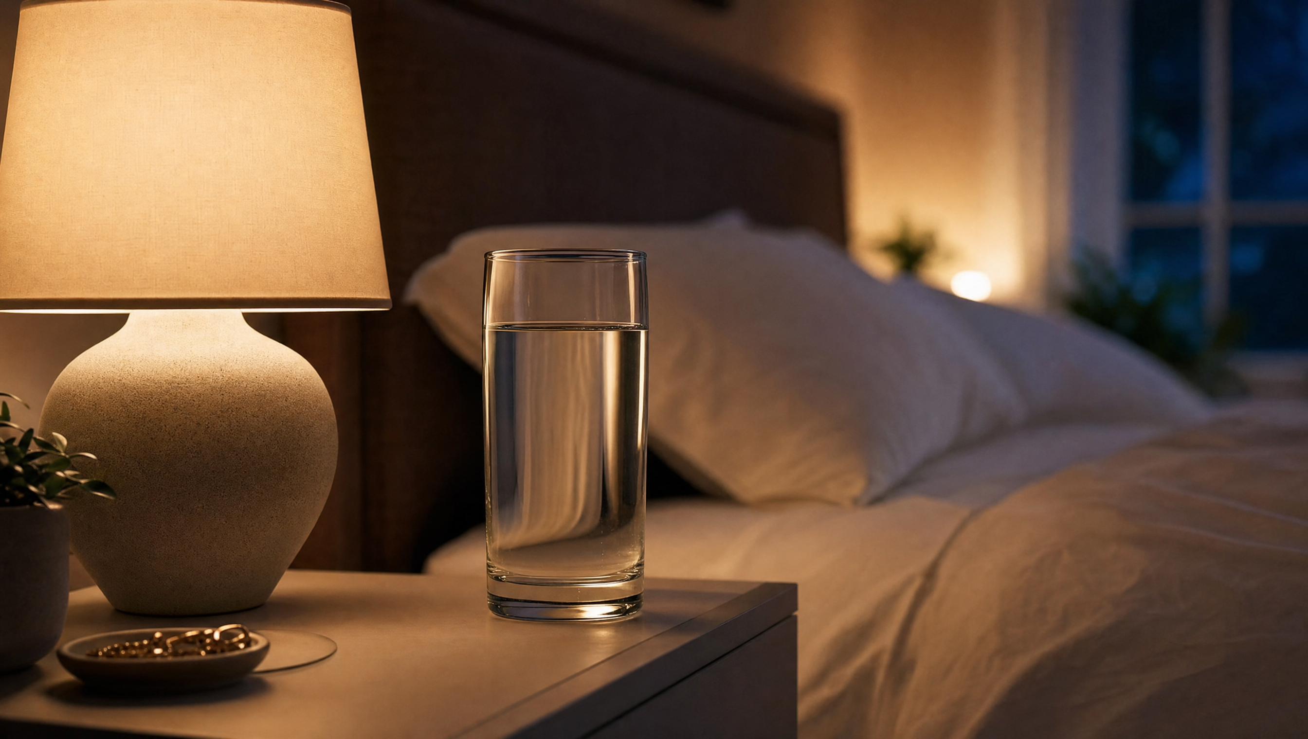 A glass of water on a bedside table at night, calm bedroom