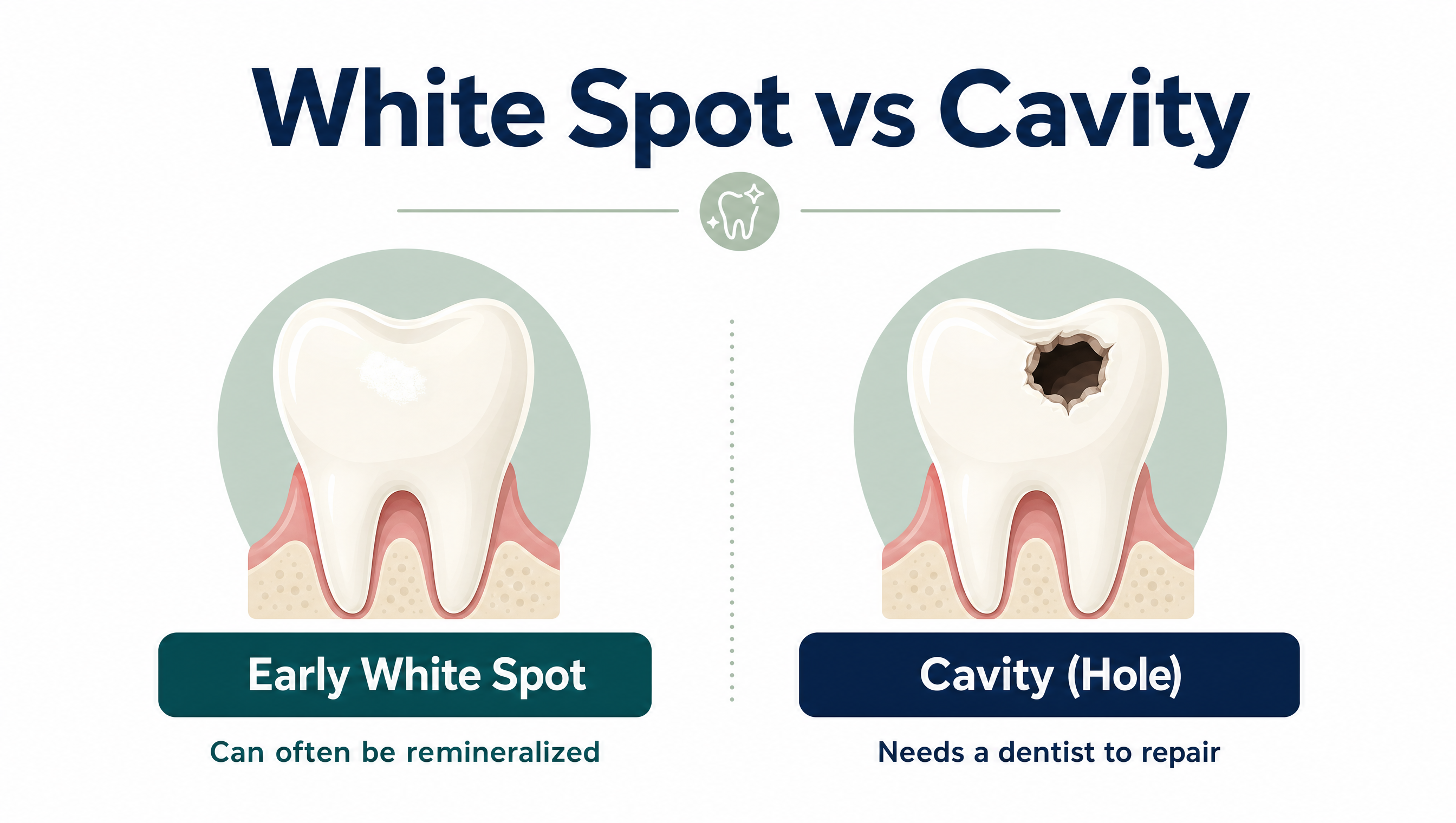 White Spot vs Cavity diagram: an early white spot can often be remineralized, while a cavity hole needs a dentist to repair