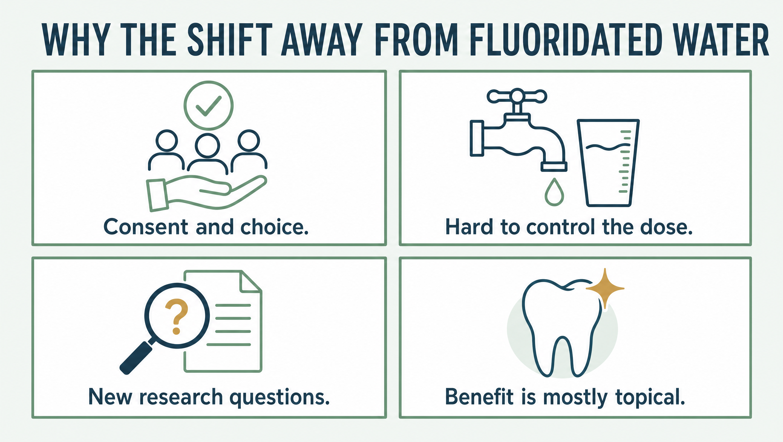 Four reasons some communities are moving away from adding fluoride to drinking water: consent and choice, hard to control the dose, new research questions, and the benefit is mostly topical